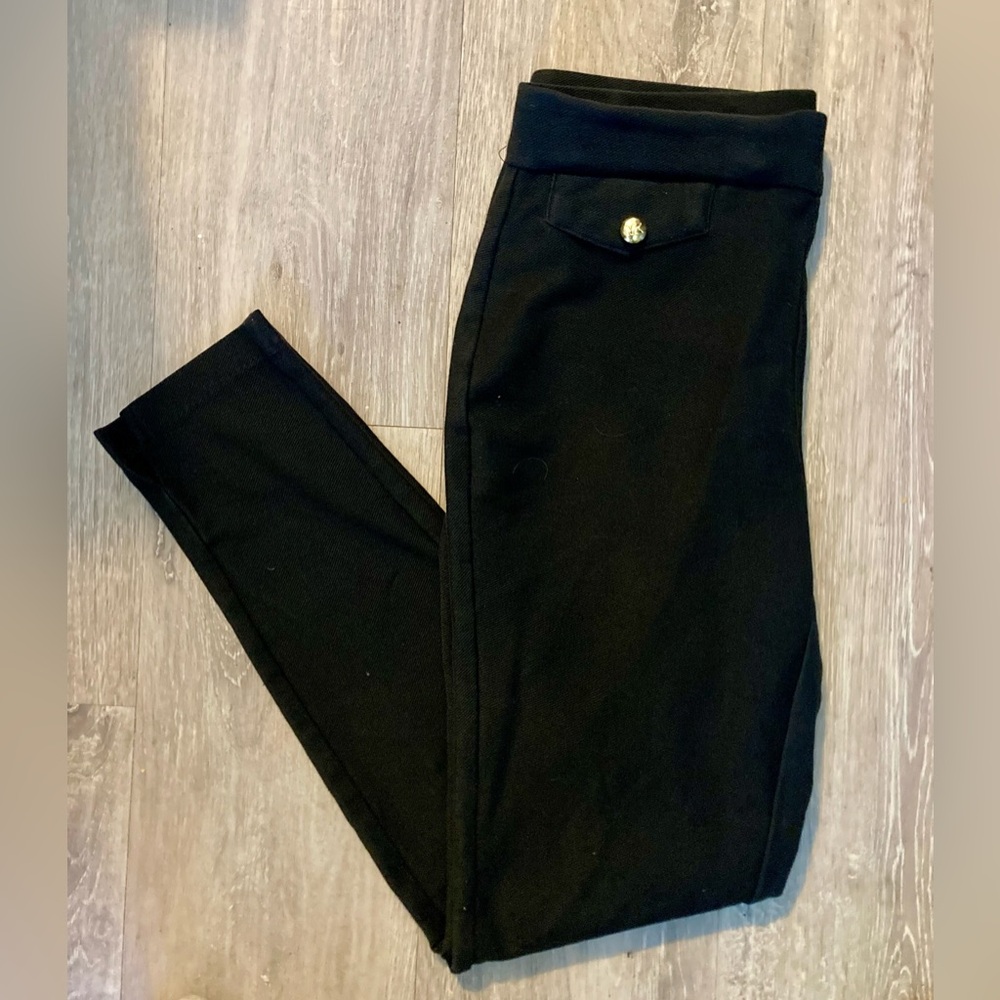 Michael Kors Black Cropped Ponte Leggings with Gold Button